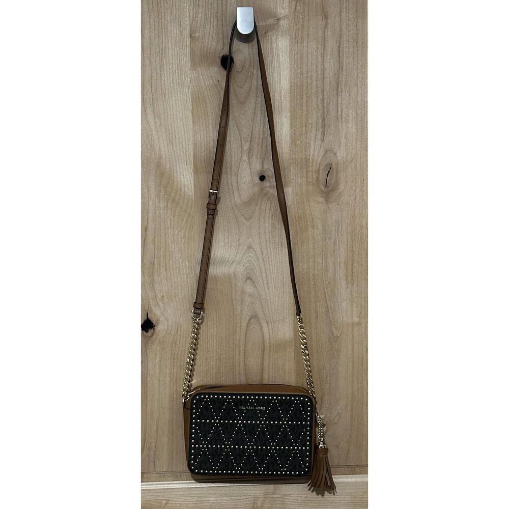Michael Kors Brown Signature Coated Twill Crossbody with Studs NWOT
